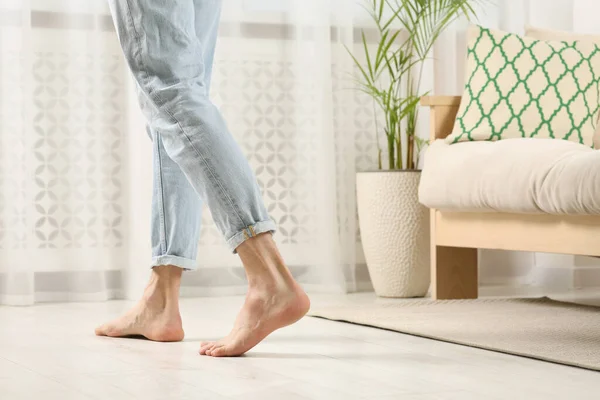 Barefoot Woman Walking White Parquet Home Closeup Heated Floor — Stock Photo, Image