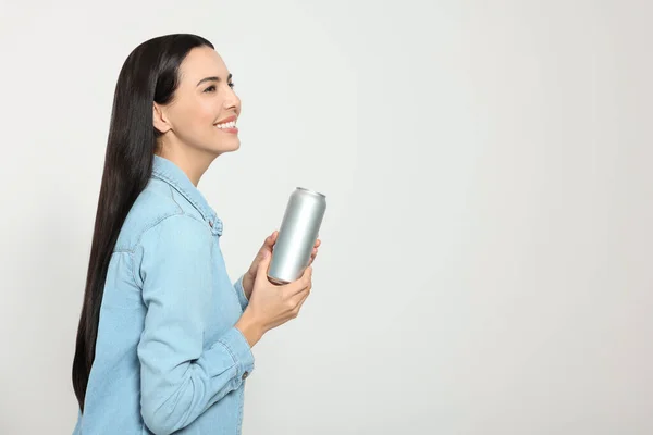 Beautiful Happy Woman Holding Beverage Can Light Grey Background Space — Photo
