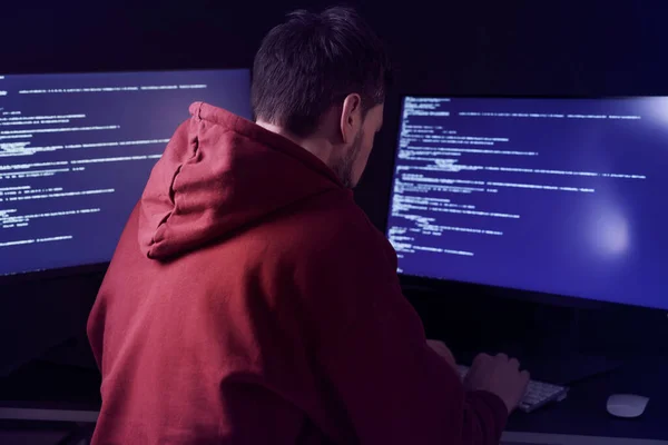 Hacker working with computers in dark room. Cyber attack