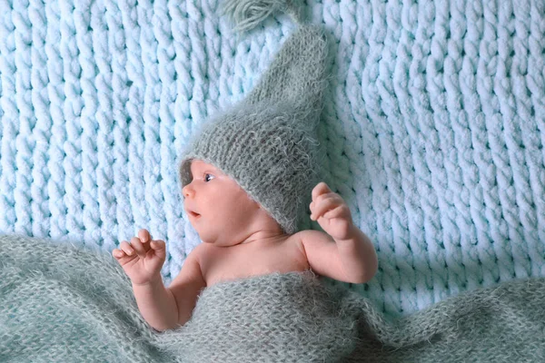 Cute Newborn Baby Light Blue Blanket Top View — Φωτογραφία Αρχείου