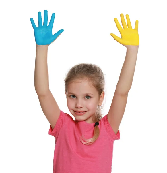 stock image Little girl with hands painted in Ukrainian flag colors on white background. Love Ukraine concept