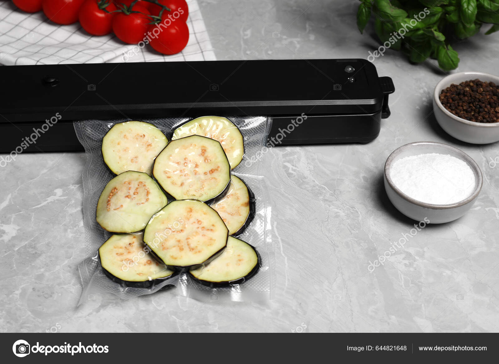 Sealer Vacuum Packing Plastic Bag Cut Eggplant Light Grey Marble Stock