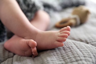Gri tüylü battaniyeli sevimli yeni doğmuş bebek, yakın plan.