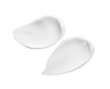 Sample of facial cream isolated on white, top view