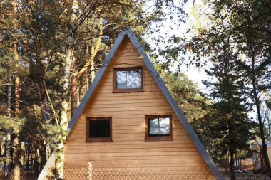 Picturesque view of modern wooden house near forest on sunny day