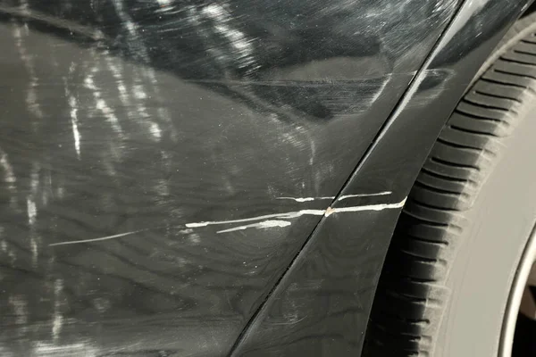 Modern Black Car Scratch Closeup View — Zdjęcie stockowe