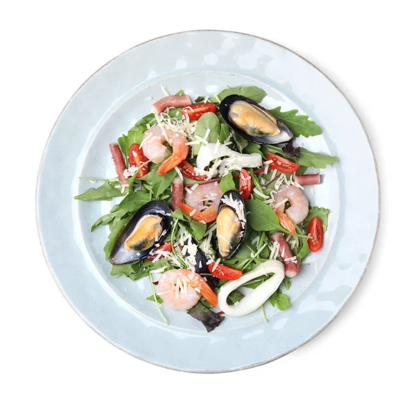 Plate Delicious Salad Seafood Isolated White Top View — Foto Stock