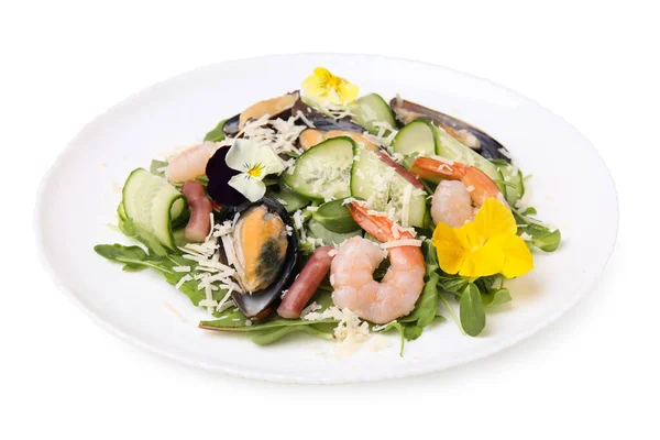 Plate Delicious Salad Seafood Isolated White — Foto Stock