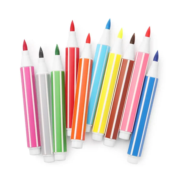 Many Bright Markers Isolated White Top View — Stok fotoğraf