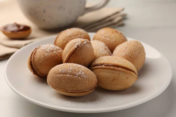 Homemade Walnut Shaped Cookies Condensed Milk White Table Closeup — Foto de Stock