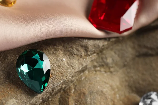 Different Beautiful Gemstones Jewelry Stone Surface Closeup Space Text — Fotografia de Stock