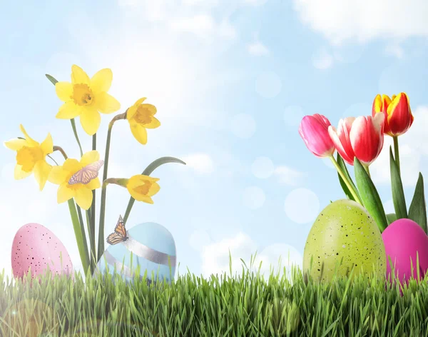 Húsvéti Tojás Virágok Zöld Fűben Kék Alatt Szöveges Hely — Stock Fotó