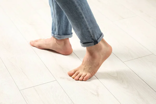 Barefoot Woman Walking White Parquet Closeup Heated Floor — Stock Photo, Image