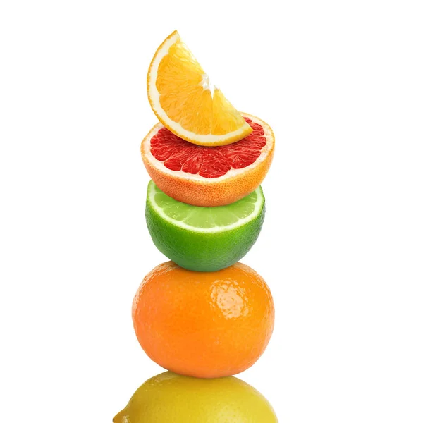 Stack Olika Färska Citrusfrukter Vit Bakgrund — Stockfoto