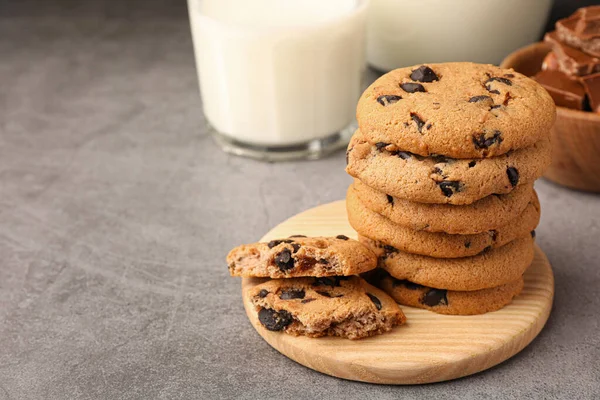 Stack Delicious Chocolate Chip Cookies Milk Grey Table Space Text — Stock Photo, Image