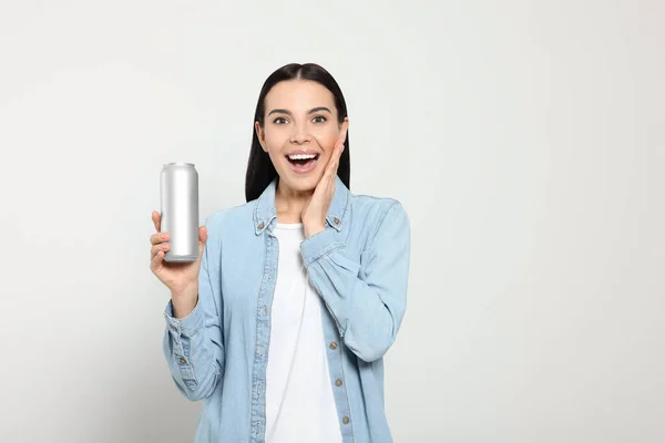 Beautiful Happy Woman Holding Beverage Can Light Grey Background Space — Fotografia de Stock