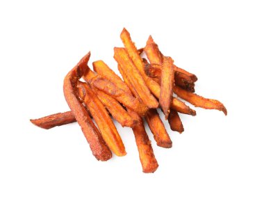 Delicious sweet potato fries on white background