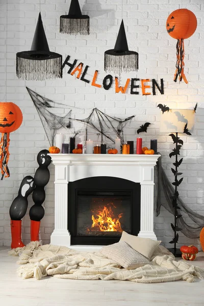 Room Fireplace Decorated Halloween Festive Interior — Stockfoto