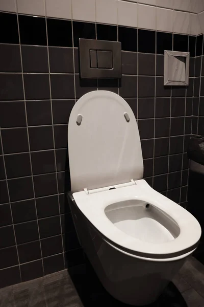 Clean Ceramic Toilet Bowl Tiled Wall Indoors — Fotografia de Stock