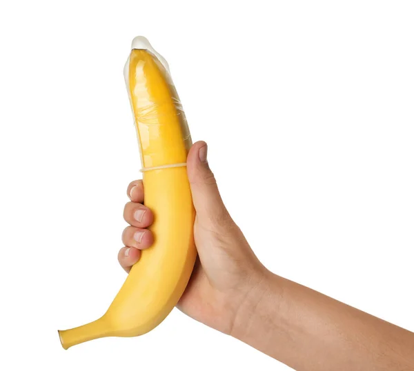 Woman Holding Banana Condom White Background Closeup Safe Sex Concept — Stok Foto