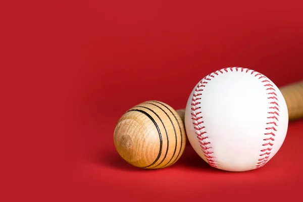 Wooden Baseball Bat Ball Red Background Closeup Space Text — Stock fotografie
