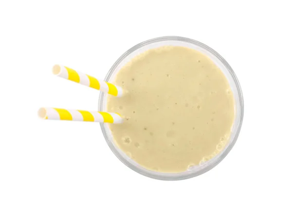 Glas Mit Bananen Smoothie Auf Weißem Hintergrund Draufsicht — Stockfoto