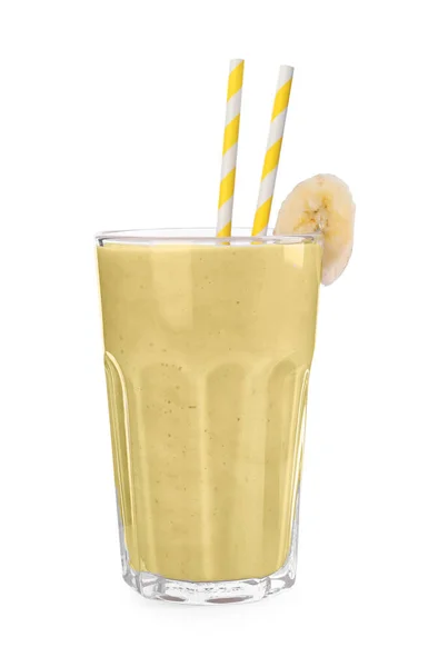 Glas Mit Bananen Smoothie Auf Weißem Hintergrund — Stockfoto