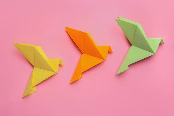 Belos Pássaros Origami Coloridos Fundo Rosa Flat Lay — Fotografia de Stock
