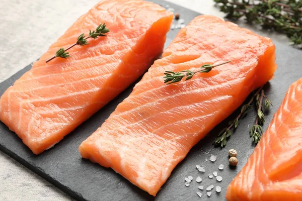 Fresh Raw Salmon Ingredients Marinade Slate Board Closeup — Stock fotografie