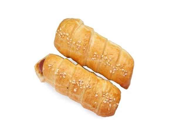 Delicious Sausage Rolls Isolated White Top View — Stockfoto