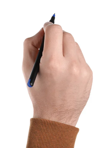 Man Met Pen Witte Achtergrond Close Van Hand — Stockfoto