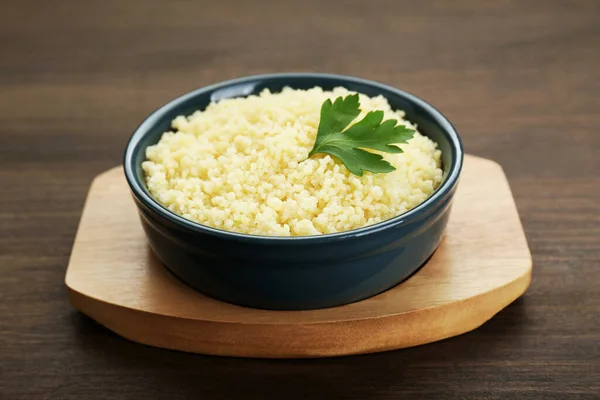 Tasty Couscous Parsley Wooden Table Closeup — Stock Photo, Image