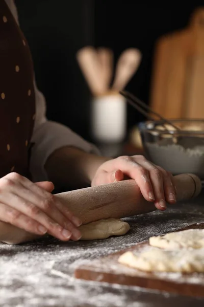 Woman Rolling Dough Chebureki Wooden Table Closeup — Stock Fotó