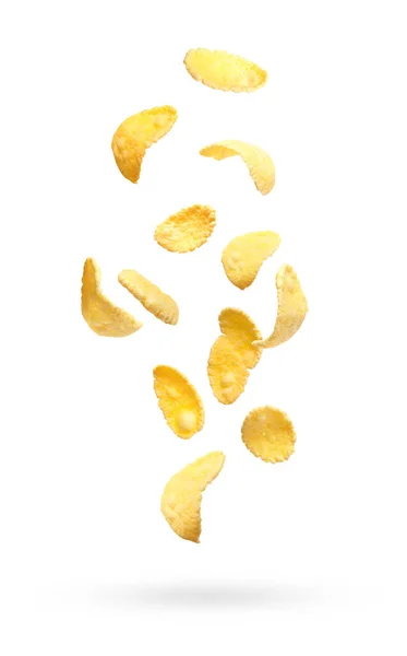 Vele Smakelijke Cornflakes Vallen Witte Achtergrond — Stockfoto