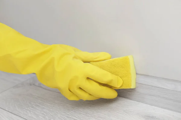 Woman Protective Glove Cleaning Plinth Sponge Indoors Closeup — Stock Photo, Image