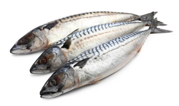 Trzy Smaczne Surowe Makrele Wyizolowane Białym — Zdjęcie stockowe