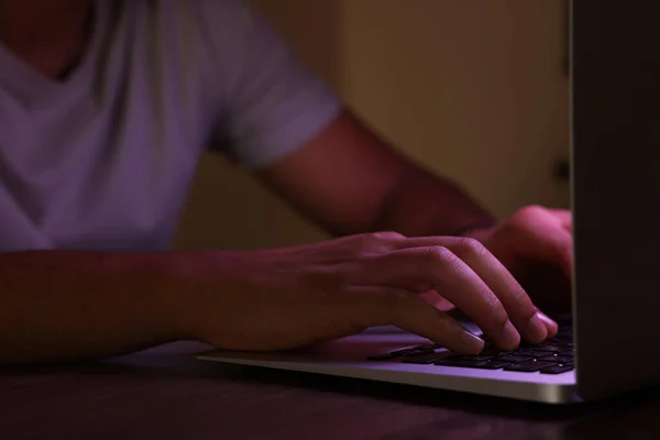 Man Using Computer Night Closeup Internet Addiction — Stok fotoğraf