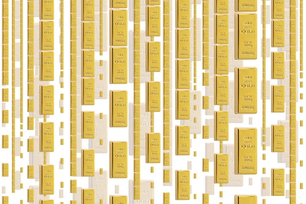 Collage Mit Vielen Fallenden Goldbarren Auf Weißem Hintergrund — Stockfoto