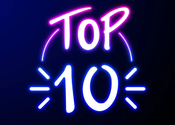 Top ten list. Glowing neon sign with word and number 10 on dark background