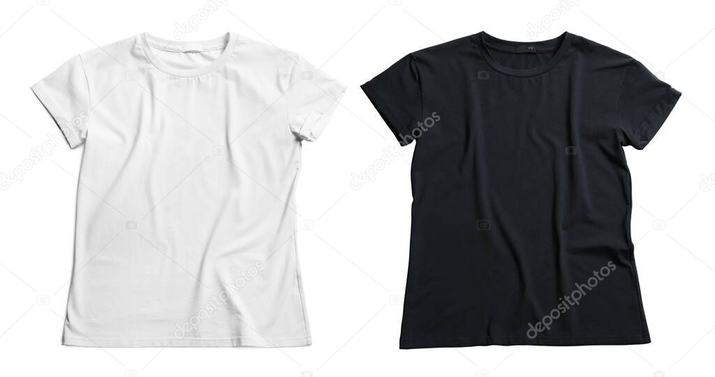 Stylish t-shirts on white background, top view