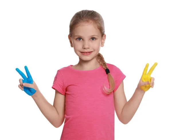 Mała Dziewczynka Rękami Malowane Ukraińskich Kolorach Flagi Białym Tle Kocham — Zdjęcie stockowe