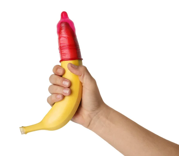 Frau Mit Banane Kondom Auf Weißem Hintergrund Nahaufnahme Sicheres Sex — Stockfoto