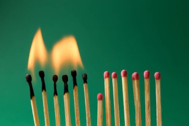 Yanıyor ve kibritler yeşil arka planda. Yok etme kavramını durdur