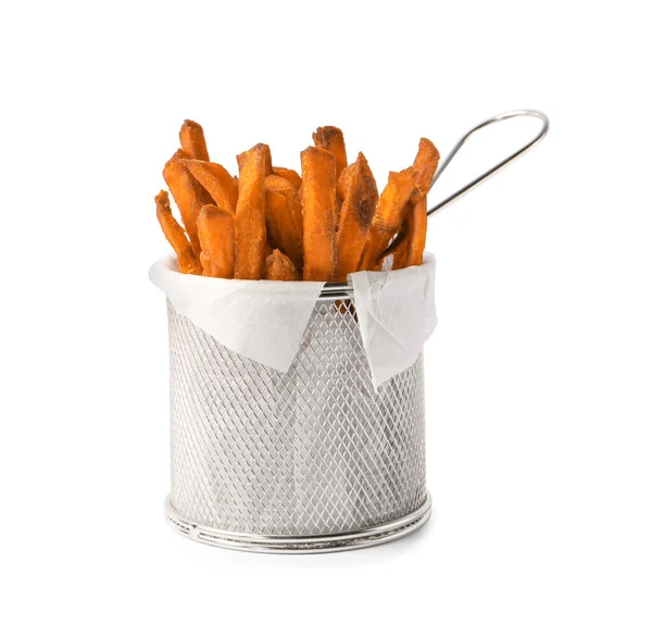 Heerlijke Zoete Aardappelfrietjes Frituurkorf Geïsoleerd Wit — Stockfoto