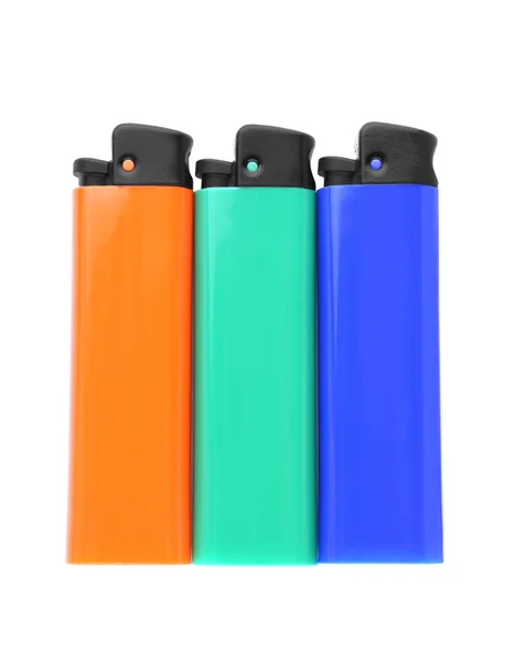 Stylish Small Pocket Lighters White Background Top View — Stockfoto