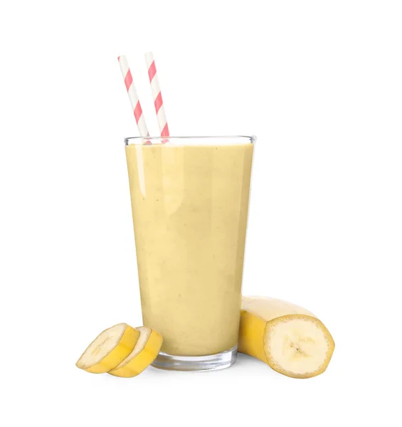 Ein Glas Leckerer Bananen Smoothie Mit Strohhalmen Und Frischem Obst — Stockfoto