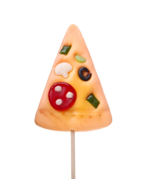 Tasty Pizza Shaped Lollipop Isolated White — Stock Photo, Image