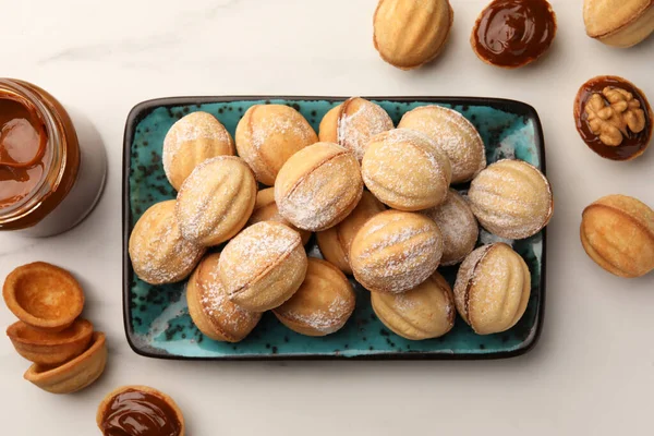 Homemade Walnut Shaped Cookies Boiled Condensed Milk White Marble Table — Foto de Stock