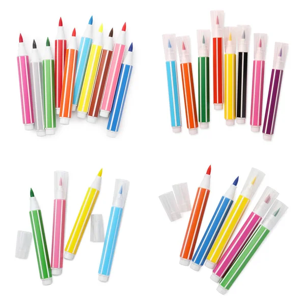 Collage Many Colorful Felt Tip Pens White Background Top View — Stock Photo, Image
