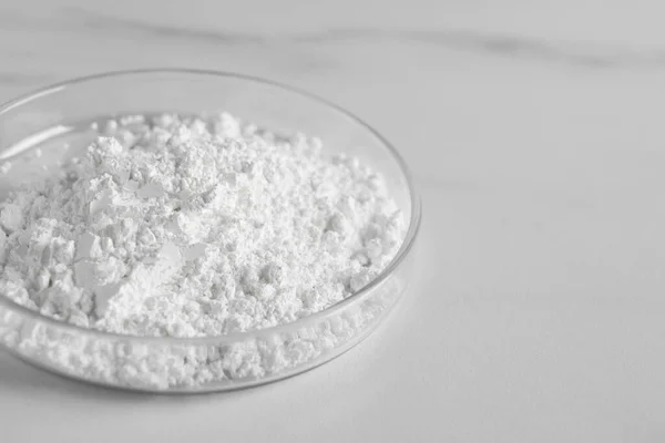 Petri Dish Calcium Carbonate Powder White Marble Table Closeup Space — Stock Photo, Image
